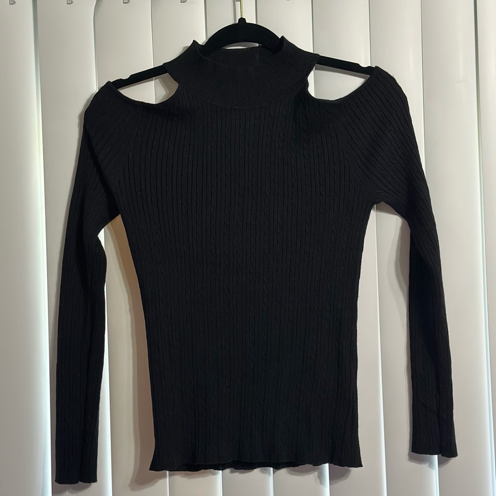 Black Cold Shoulder Ribbed Sweater